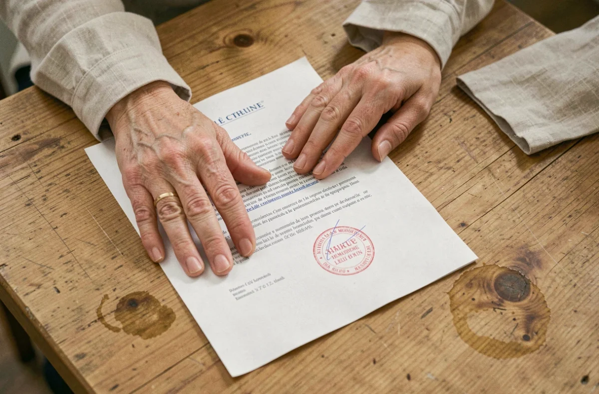 Deux mains posées près d'un acte officiel d'adoption simple symbolisant la transmission et l'héritage familial