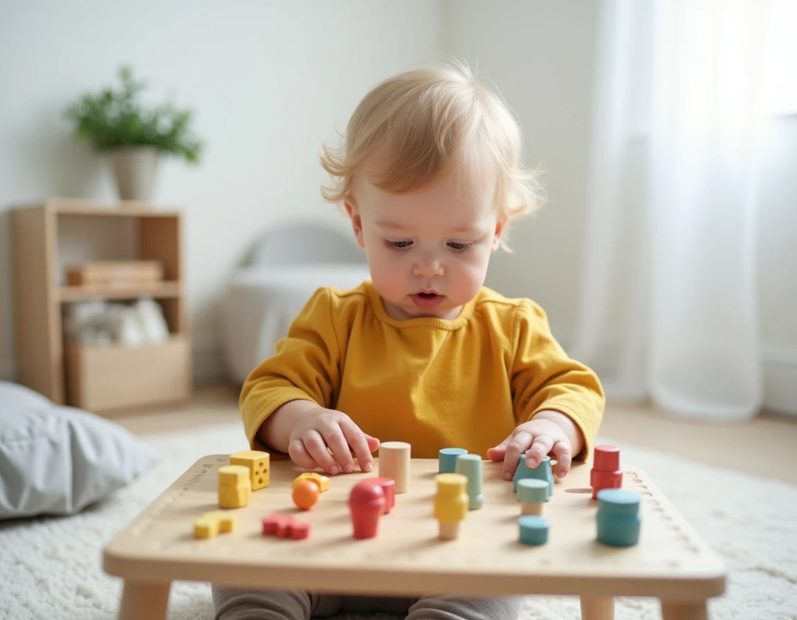 Enfant de 2 ans concentré sur un jeu de chevilles colorées pour stimuler la motricité fine