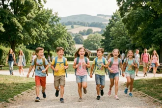 Groupe d'enfants joyeux explorant les activités en plein air en Haute-Garonne