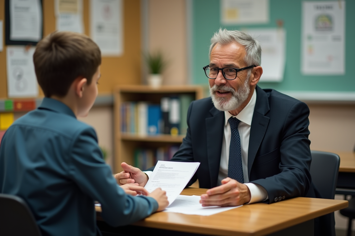 Administrateur remettant une attestation à un élève en classe