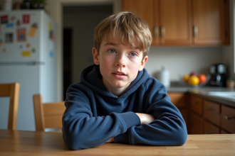 Jeune garçon de 14 ans en hoodie assis à la cuisine
