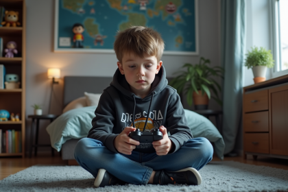 Jeune garçon de 14 ans joue à la console dans sa chambre