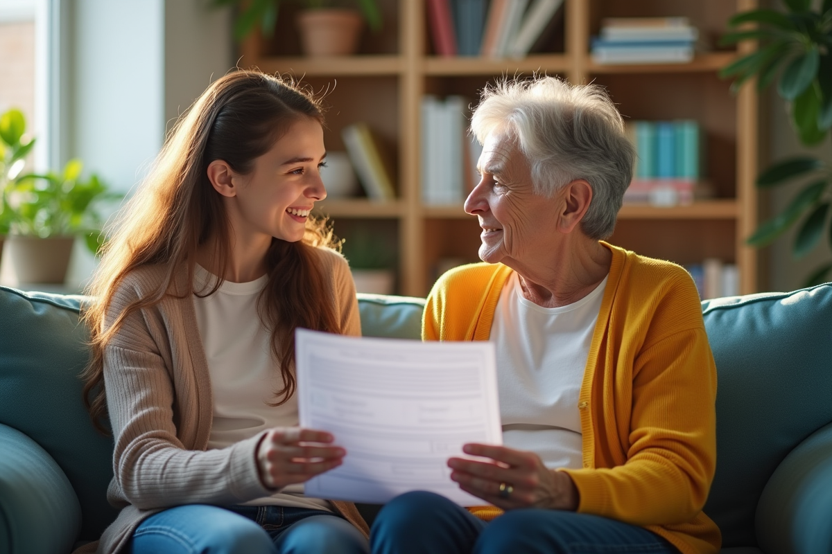Adolescent et grand-parent discutant du bulletin scolaire sur un canapé