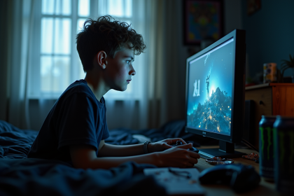 Jeune adolescent jouant à un jeu vidéo dans sa chambre sombre