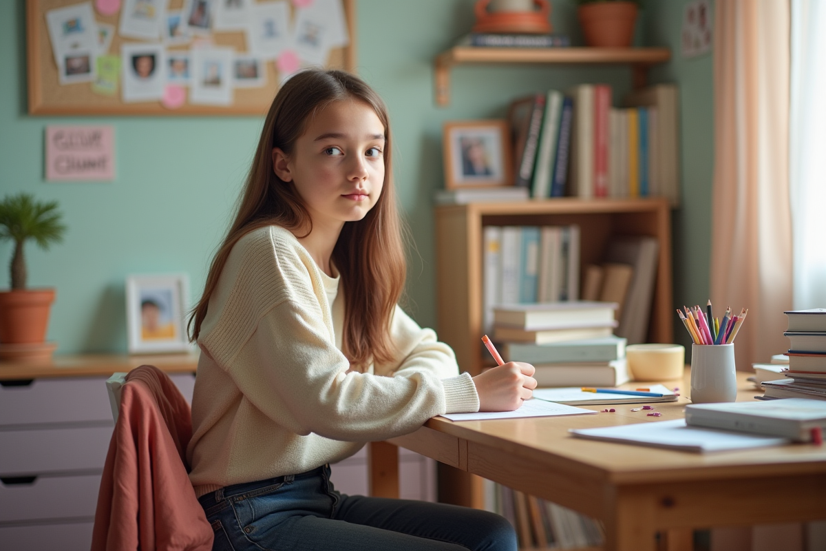 Adolescente concentrée sur ses devoirs dans sa chambre