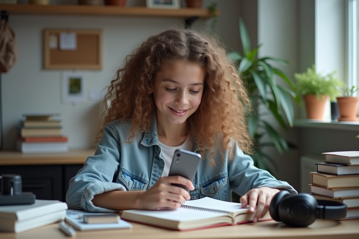 Adolescente avec carnet et smartphone dans son bureau à la maison