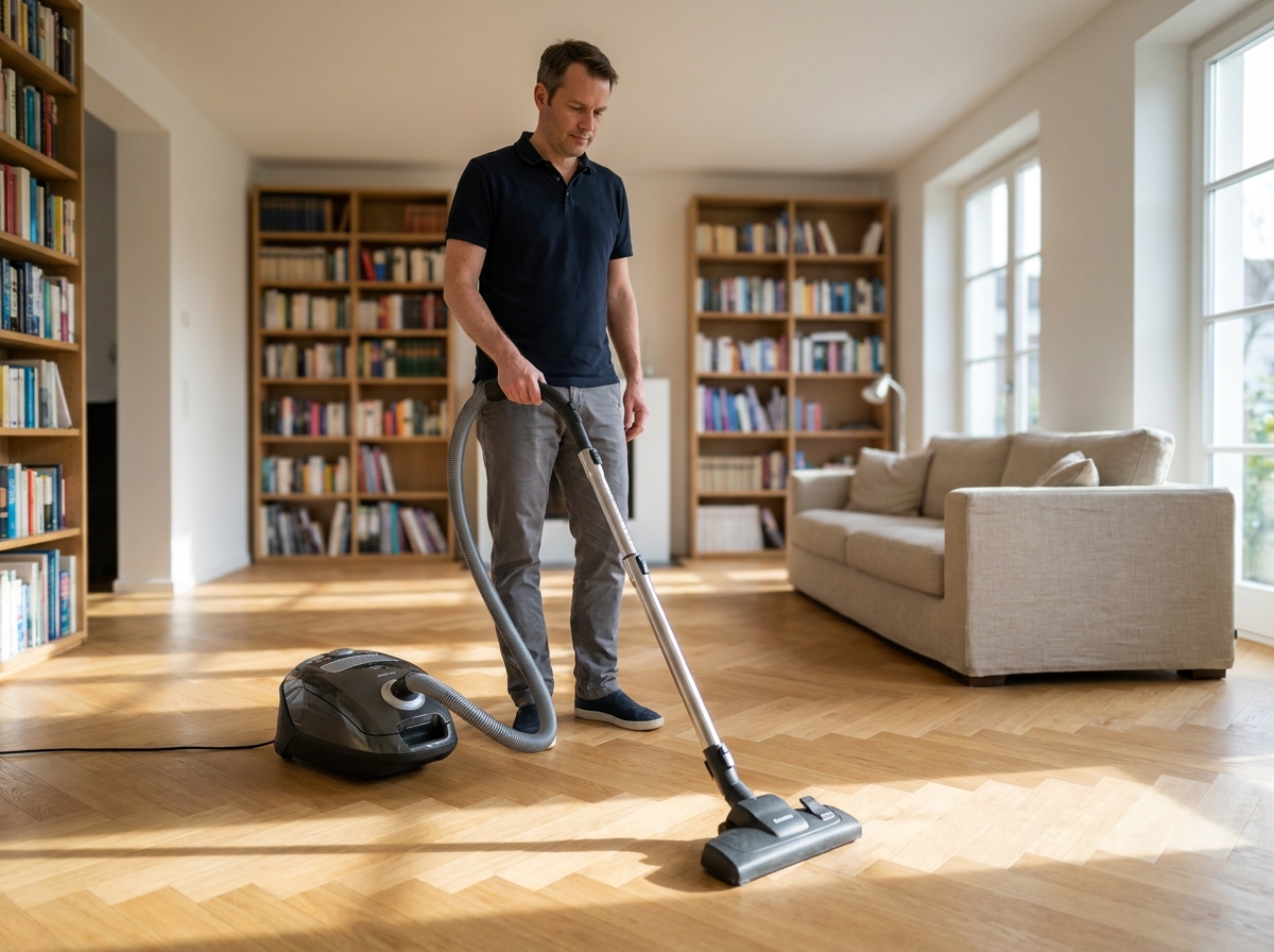 Professionnel du ménage passant l'aspirateur sur un parquet en chêne dans le salon d'une maison particulière à Brunoy avec service à domicile
