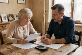 Une femme âgée et son fils adulte examinent des documents relatifs à l'aide sociale à l'hébergement et l'obligation alimentaire à la table familiale