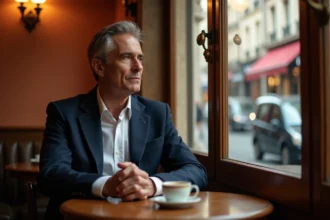 Animateur célèbre assis discrètement dans un café parisien, préservant son intimité malgré la célébrité