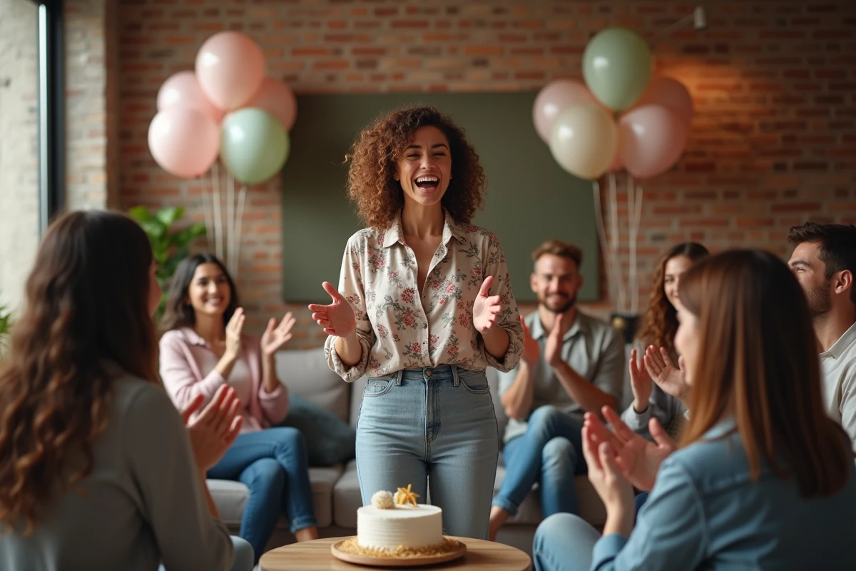 Femme animant un jeu d'anniversaire sans matériel dans un salon décoré avec des ballons