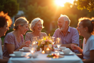 Famille multigenerations célébrant un anniversaire en plein air