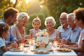 Famille multigenerations célébrant un anniversaire de 70 ans