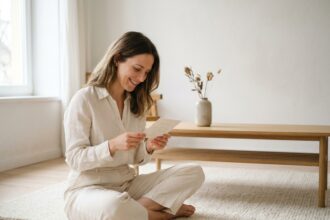 Jeune femme tenant une faire-part de naissance Maison June dans un salon minimaliste aux tons crème et bois clair