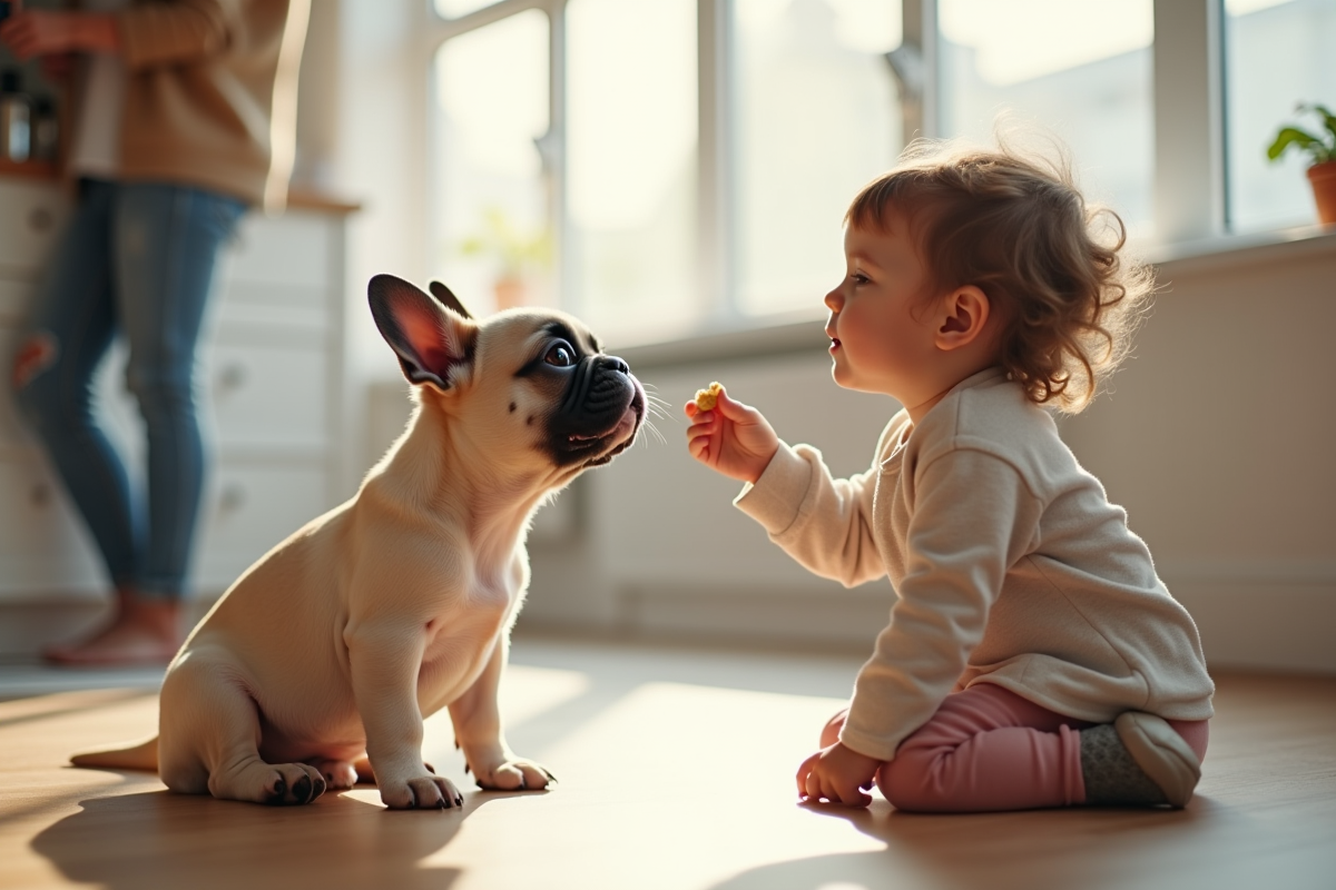 Enfant et chiot bulldog français en apprentissage dans la cuisine