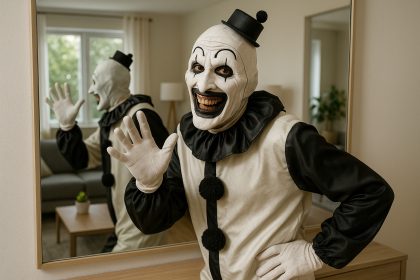 Photo hyperrealiste d'une personne déguisée en Art the Clown dans un salon moderne