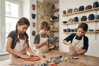 Trois enfants concentrés sur un atelier de poterie dans un studio artistique parisien pendant les vacances scolaires
