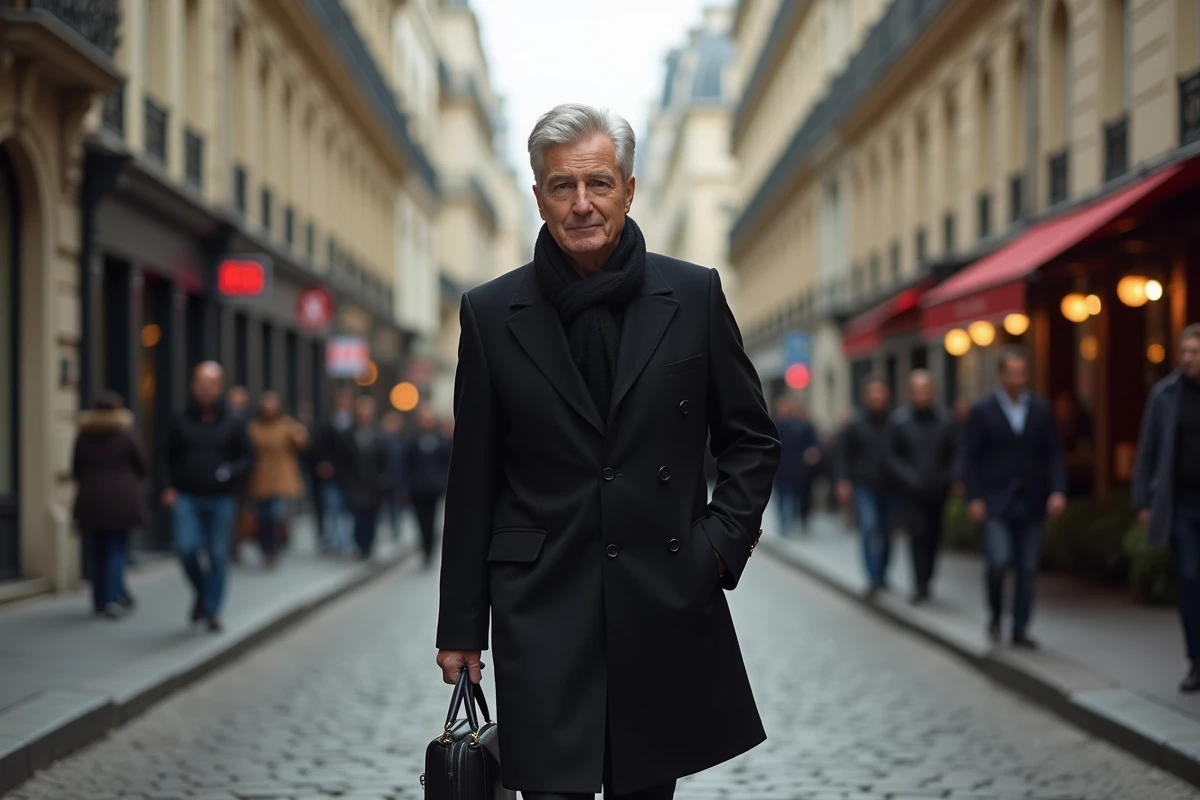 Avocat célèbre marchant d'un pas décidé sur un pavé parisien en manteau noir avec une mallette dans la main