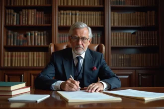 Avocat médiatique en costume sombre assis à son bureau dans un cabinet juridique parisien classique entouré de livres de droit
