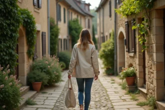 Femme se promenant dans un village caché de l'Île-de-France aux ruelles pavées et façades en pierre couverte de lierre en automne