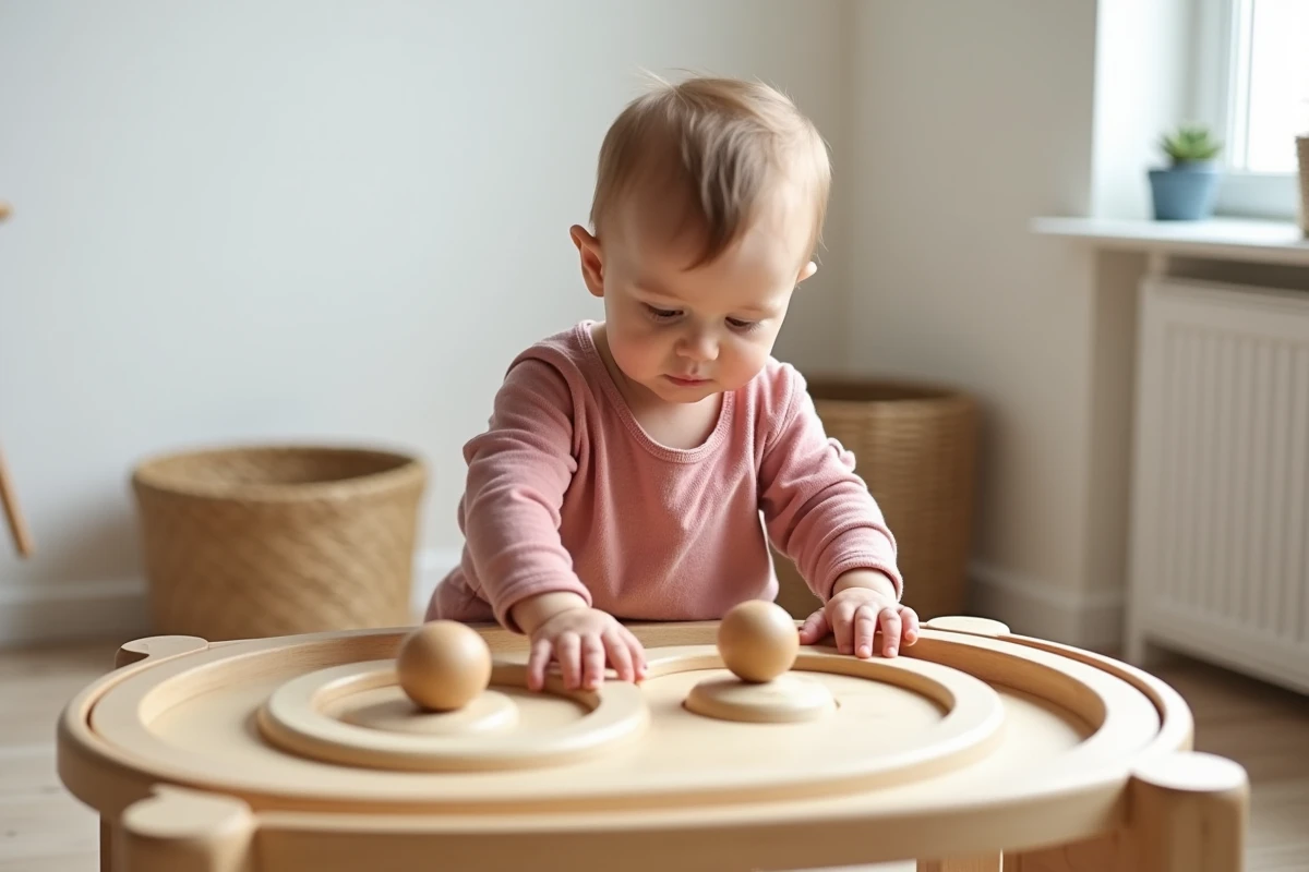 Bébé d'un an en train de guider une balle en bois sur un circuit Montessori posé sur une petite table en bois dans une chambre épurée et lumineuse