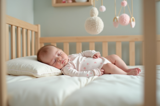 Bebe fille endormie paisiblement dans un lit de nurserie douce