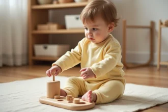 Bébé de 12 mois qui s'entraîne à insérer une pièce en bois dans un jeu Montessori de tri de formes, assis sur un plancher en bois dans une salle de jeux épurée