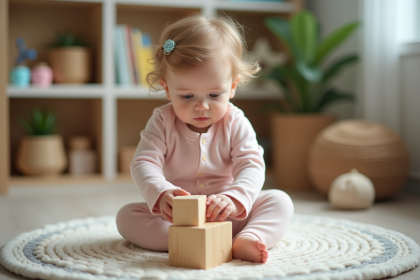 Bebe de un an en pyjama pastel joue avec des blocs en bois