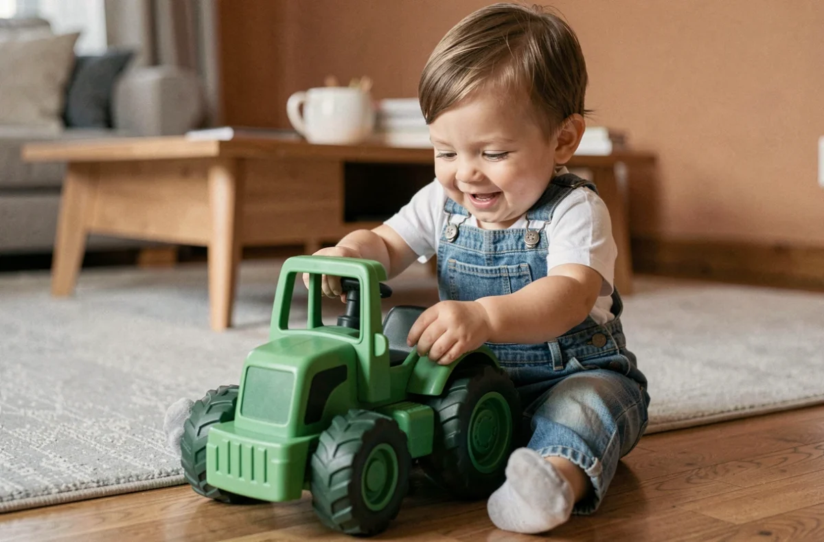 Tout-petit en salopette en jean explorant un jouet tracteur en plastique vert sur le sol d'un salon familial confortable