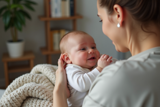 Bébé de deux mois dans une tenue douce avec sa mère