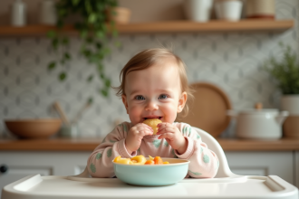 Bebe souriant dégustant de la purée de fruits dans une cuisine lumineuse