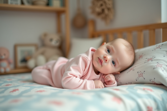 Bebe fille en pyjama pastel dans une nurserie chaleureuse