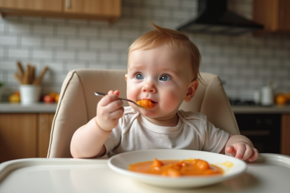 Bébé de 7 mois goûtant sa première purée de carotte