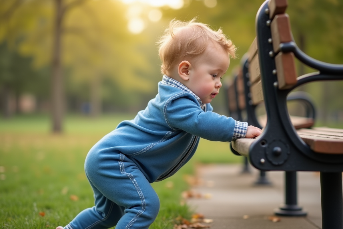 Petit garcon en salopette bleue se tenant au banc dans le parc