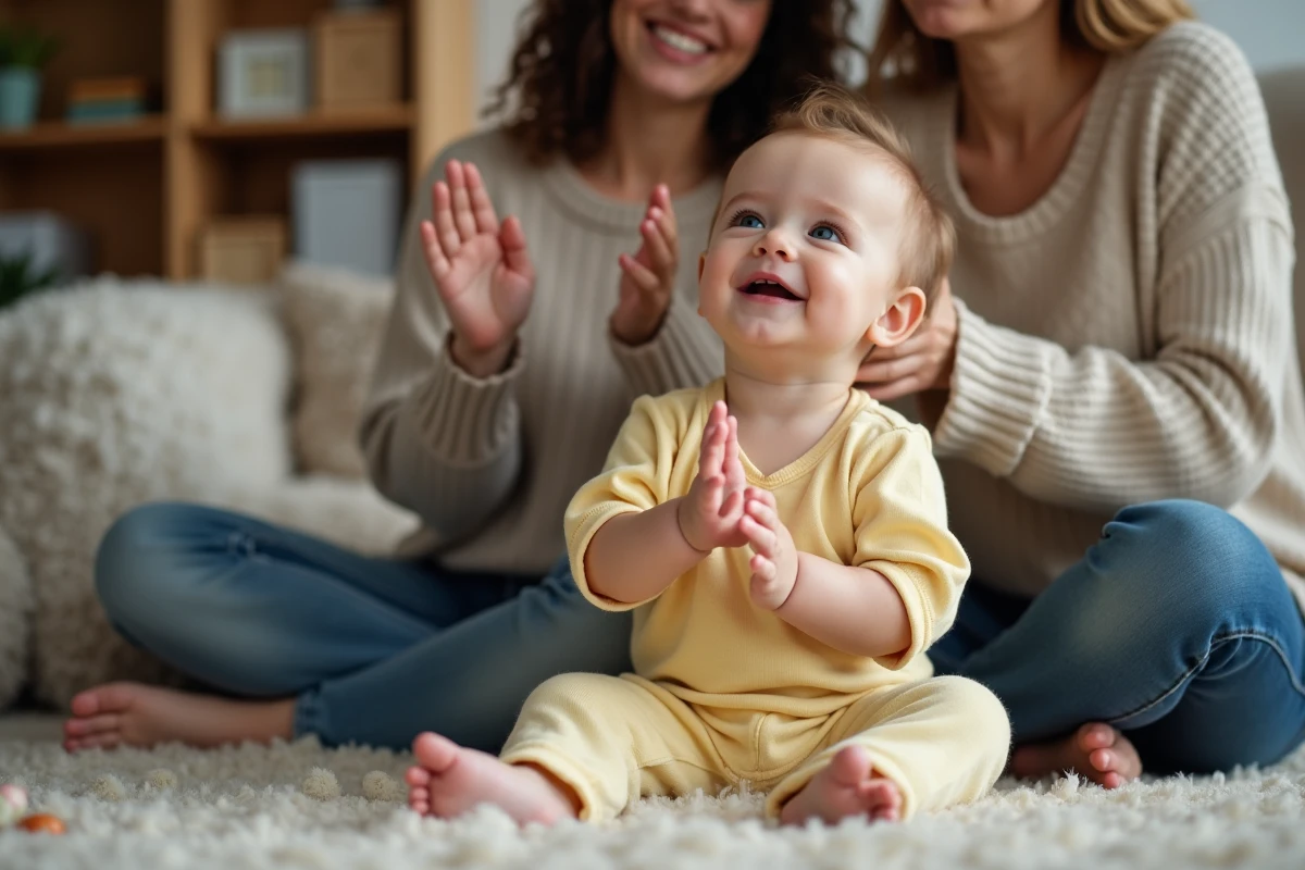 Bébé souriant avec sa mère dans le salon cosy