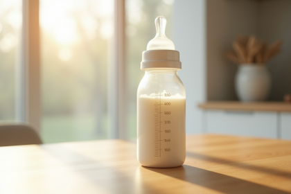 Biberon de 250 ml de lait pour bébé sur une table en bois