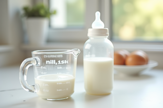Biberon rempli de lait avec tasse de mesure sur plan de cuisine