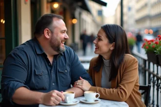 Booder et sa compagne en couple à une terrasse de café parisien, moment de complicité amoureuse