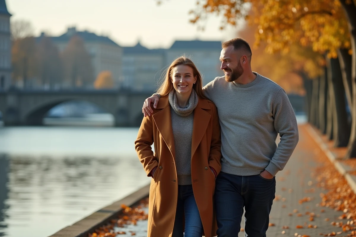 Couple amoureux se promenant au bord de la Seine en automne, illustrant la vie privée de Booder
