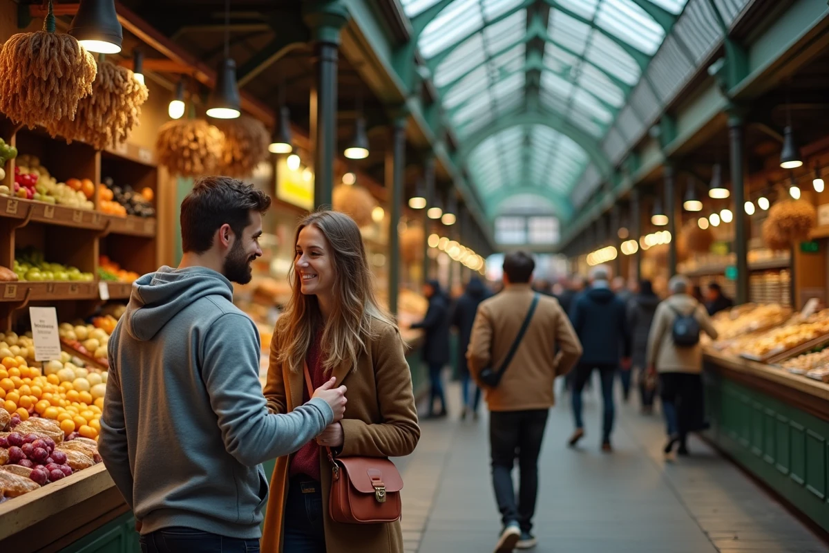 Deux amis découvrant les stands de Borough Market à Londres pour manger à petit prix en vacances