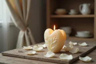 Bougie parfumée en forme de cœur posée sur bois avec pétales de roses blanches séchées pour un hommage deuil délicat