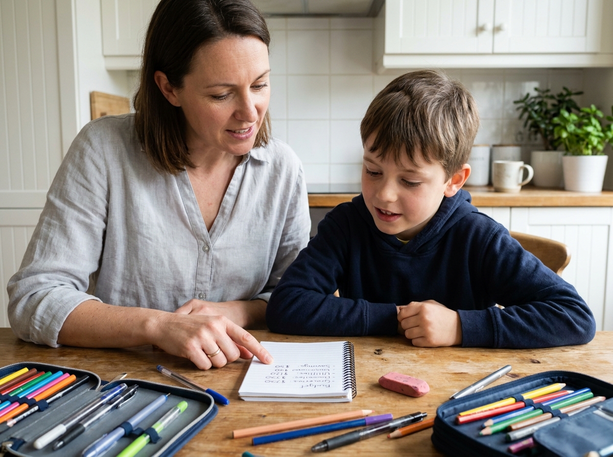 Mère et fils préparant ensemble la liste des fournitures scolaires à la maison en respectant un petit budget