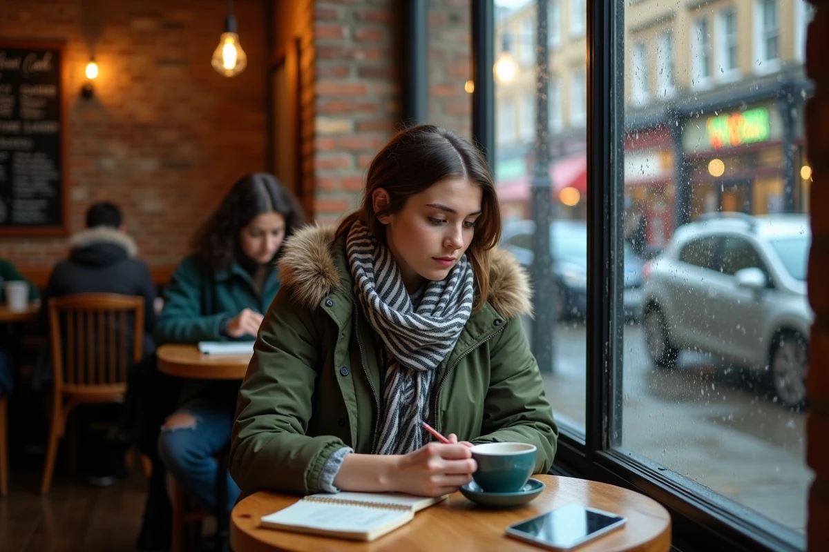 Jeune femme planifiant son budget voyage à Londres dans un café londonien sous la pluie