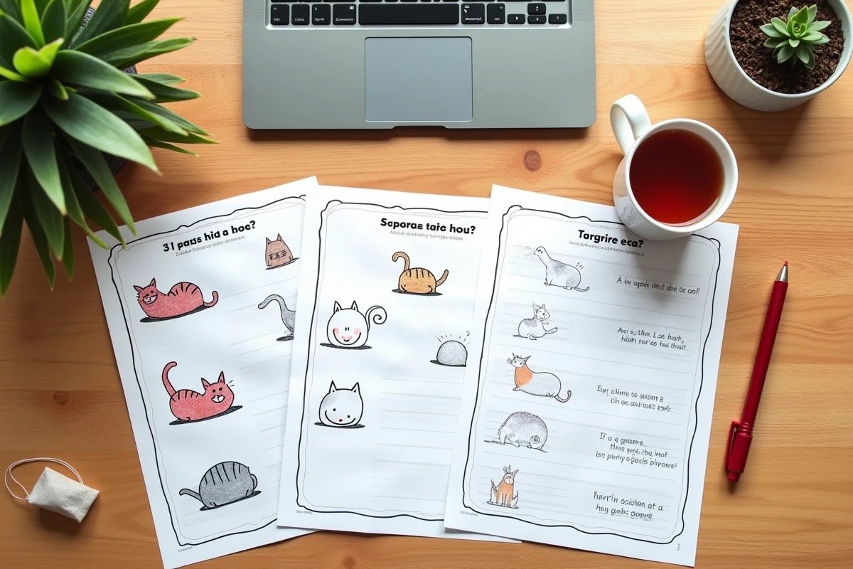 Bureau d'enseignant avec des fiches pédagogiques imprimées des paroles de 3 petits chats et des accessoires de classe