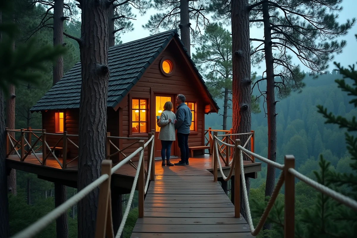 Hébergement insolite cabane dans les arbres en forêt alsacienne avec couple en terrasse au crépuscule