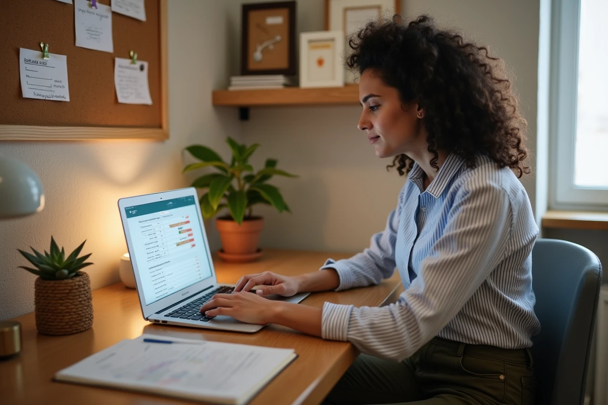 Nounou calculant son salaire annuel sur un ordinateur portable avec des fiches de paie et un document juridique sur le bureau