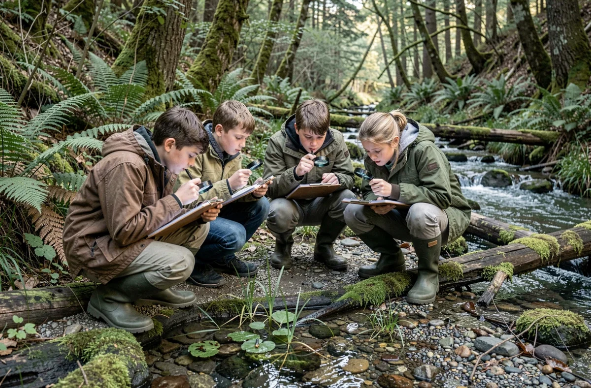 Enfants en immersion nature observant la faune aquatique dans une forêt lors d'un séjour Cap Juniors