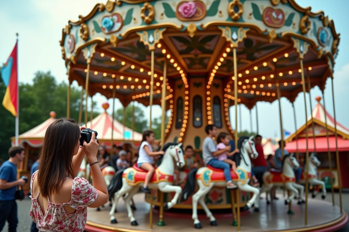 Carrousel folklorique alsacien en mouvement dans un parc d'attractions avec visiteurs souriants