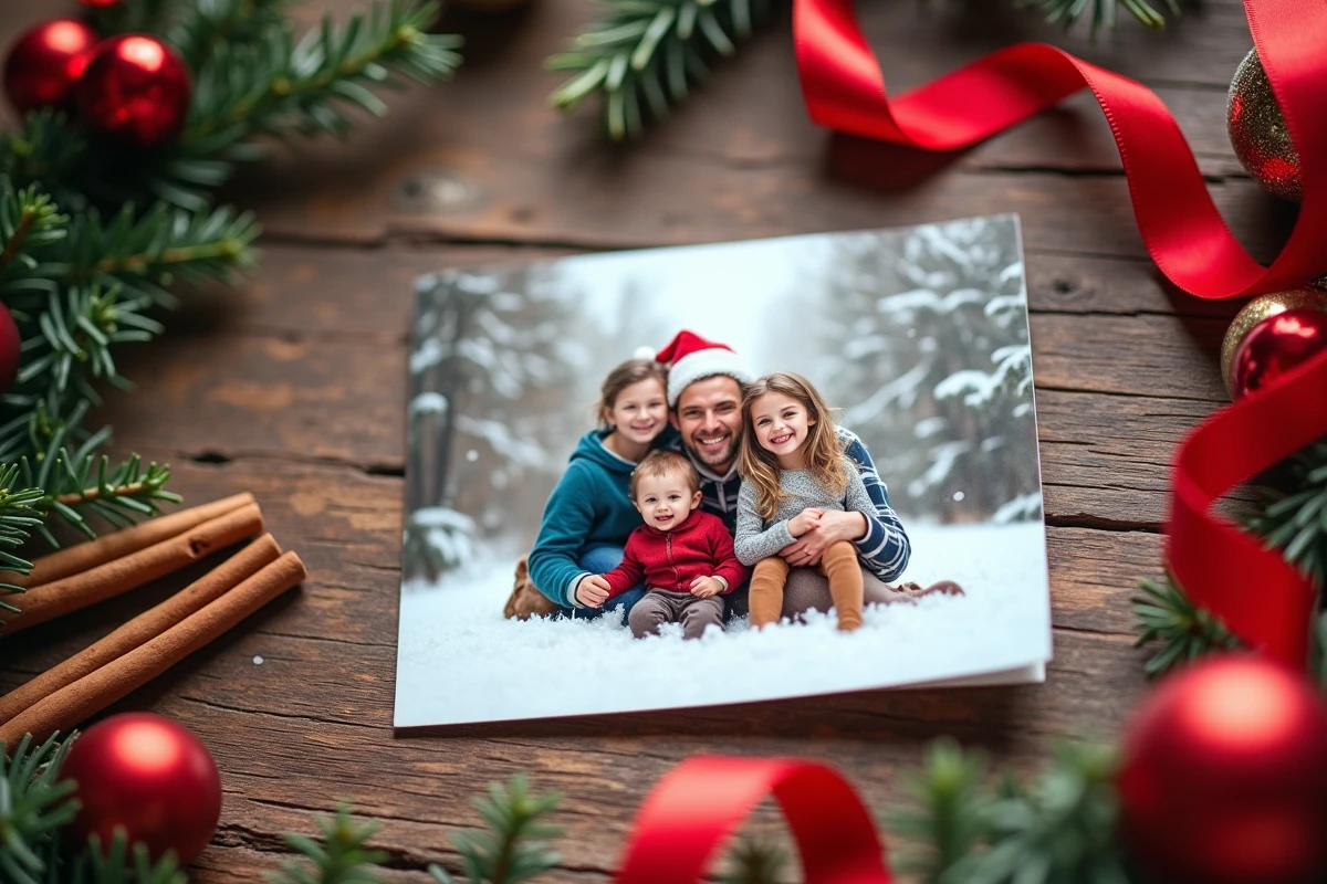 Carte de Noël imprimée avec photo de famille posée sur table en bois avec décorations festives