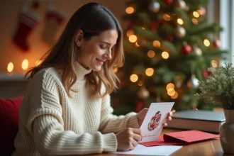 Femme préparant une carte de Noël personnalisée avec photo à imprimer à la maison