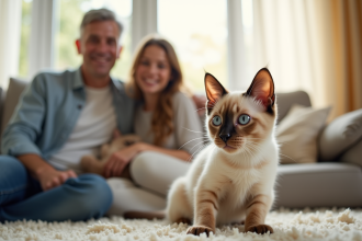 Chat siamois avec famille dans un salon lumineux